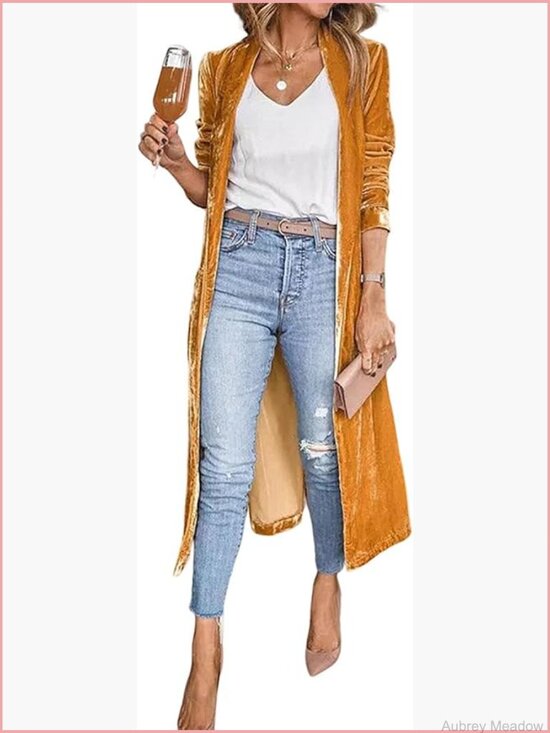 Sweaters - Long Velvet Cardigan Jacket Casual Open Front Maxi Blazer Duster Outwear